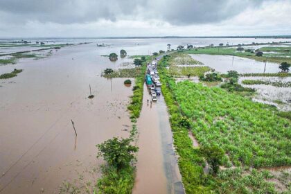Aerial view of a flooded road and surrounded landscape, Mozambique.