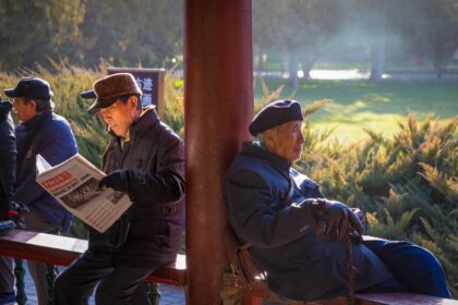 Seniors spending their Sunday at the gardens in the Temple of Heaven park in Beijing, China.