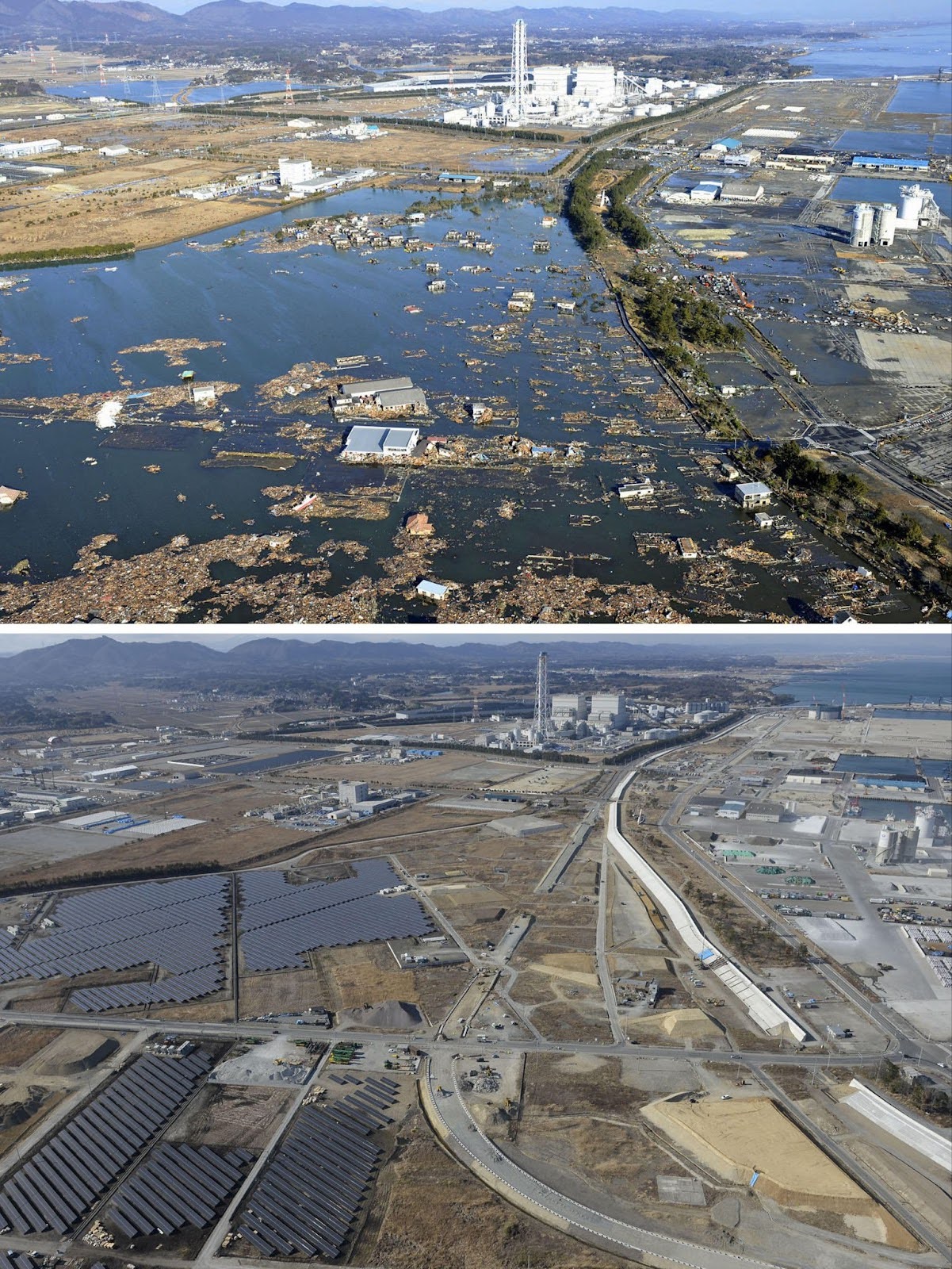 View of Shinchi town, Fukushima in 2011 (top) and 2016 (bottom). 