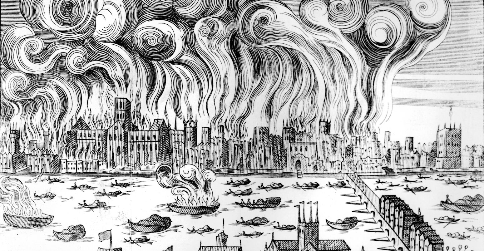 Wood cut of the Great Fire of London in 1666.